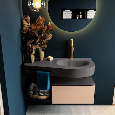 MONDIAZ RIVA 100cm badmeubel onderkast / planchet kleur Rosee met 1 lade. Wastafel DULCET rechts 1 kraangat kleur Dark_Grey.