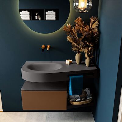 MONDIAZ RIVA 100cm badmeubel onderkast / planchet kleur Rust met 1 lade. Wastafel DULCET links 0 kraangaten kleur Dark_Grey.