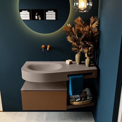 MONDIAZ RIVA 100cm badmeubel onderkast / planchet kleur Rust met 1 lade. Wastafel DULCET links 0 kraangaten kleur Smoke.