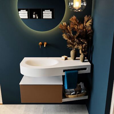 MONDIAZ RIVA 100cm badmeubel onderkast / planchet kleur Rust met 1 lade. Wastafel DULCET links 0 kraangaten kleur Talc.