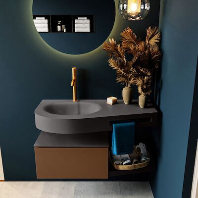 MONDIAZ RIVA 100cm badmeubel onderkast / planchet kleur Rust met 1 lade. Wastafel DULCET links 1 kraangat kleur Dark_Grey.