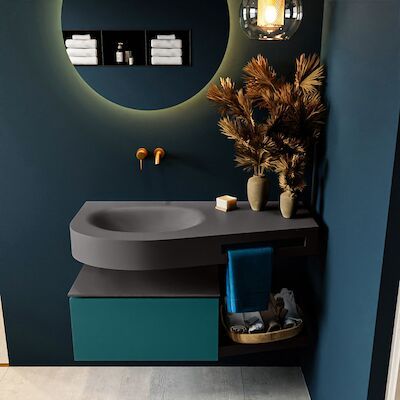 MONDIAZ RIVA 100cm badmeubel onderkast / planchet kleur Smag met 1 lade. Wastafel DULCET links 0 kraangaten kleur Dark_Grey.