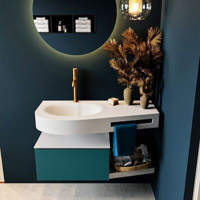 MONDIAZ RIVA 100cm badmeubel onderkast / planchet kleur Smag met 1 lade. Wastafel DULCET links 1 kraangat kleur Talc.