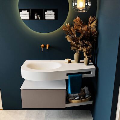 MONDIAZ RIVA 100cm badmeubel onderkast / planchet kleur Smoke met 1 lade. Wastafel DULCET links 0 kraangaten kleur Talc.