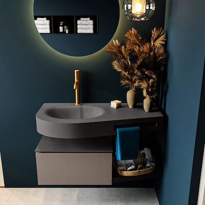 MONDIAZ RIVA 100cm badmeubel onderkast / planchet kleur Smoke met 1 lade. Wastafel DULCET links 1 kraangat kleur Dark_Grey.