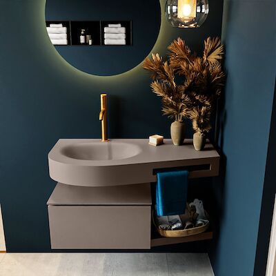 MONDIAZ RIVA 100cm badmeubel onderkast / planchet kleur Smoke met 1 lade. Wastafel DULCET links 1 kraangat kleur Smoke.