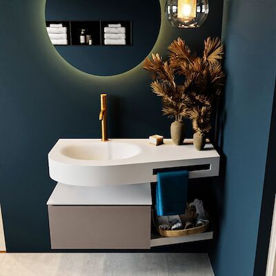 MONDIAZ RIVA 100cm badmeubel onderkast / planchet kleur Smoke met 1 lade. Wastafel DULCET links 1 kraangat kleur Talc.