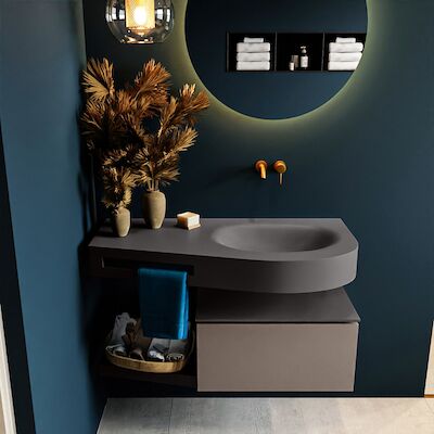 MONDIAZ RIVA 100cm badmeubel onderkast / planchet kleur Smoke met 1 lade. Wastafel DULCET rechts 0 kraangaten kleur Dark_Grey.
