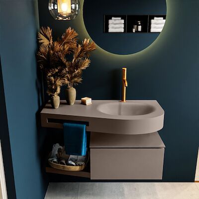 MONDIAZ RIVA 100cm badmeubel onderkast / planchet kleur Smoke met 1 lade. Wastafel DULCET rechts 1 kraangat kleur Smoke.