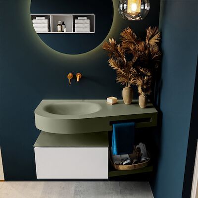 MONDIAZ RIVA 100cm badmeubel onderkast / planchet kleur Talc met 1 lade. Wastafel DULCET links 0 kraangaten kleur Army.