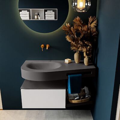 MONDIAZ RIVA 100cm badmeubel onderkast / planchet kleur Talc met 1 lade. Wastafel DULCET links 0 kraangaten kleur Dark_Grey.