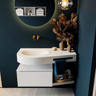 MONDIAZ RIVA 100cm badmeubel onderkast / planchet kleur Talc met 1 lade. Wastafel DULCET links 0 kraangaten kleur Talc.