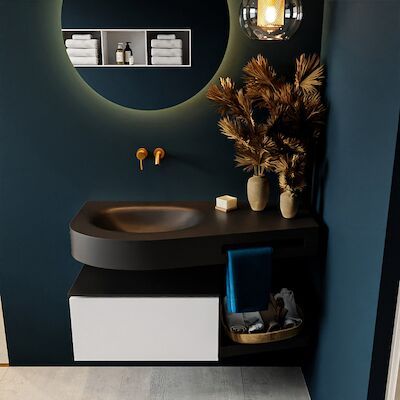 MONDIAZ RIVA 100cm badmeubel onderkast / planchet kleur Talc met 1 lade. Wastafel DULCET links 0 kraangaten kleur Urban.