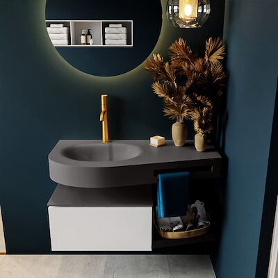 MONDIAZ RIVA 100cm badmeubel onderkast / planchet kleur Talc met 1 lade. Wastafel DULCET links 1 kraangat kleur Dark_Grey.