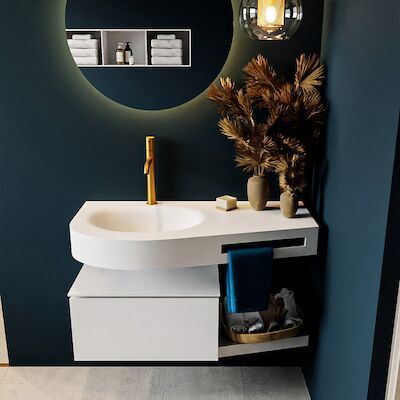 MONDIAZ RIVA 100cm badmeubel onderkast / planchet kleur Talc met 1 lade. Wastafel DULCET links 1 kraangat kleur Talc.