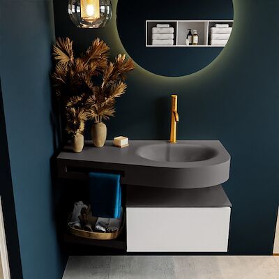 MONDIAZ RIVA 100cm badmeubel onderkast / planchet kleur Talc met 1 lade. Wastafel DULCET rechts 1 kraangat kleur Dark_Grey.