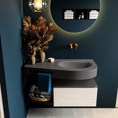 MONDIAZ RIVA 100cm badmeubel onderkast / planchet kleur Underlayment met 1 lade. Wastafel DULCET rechts 0 kraangaten kleur Dark_Grey.