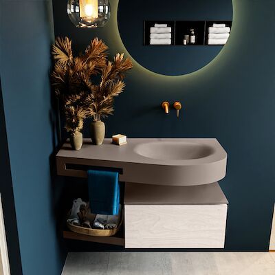MONDIAZ RIVA 100cm badmeubel onderkast / planchet kleur Underlayment met 1 lade. Wastafel DULCET rechts 0 kraangaten kleur Smoke.