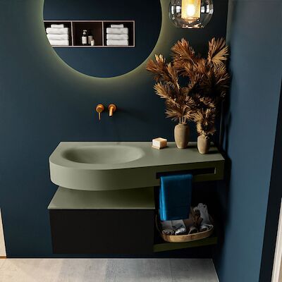 MONDIAZ RIVA 100cm badmeubel onderkast / planchet kleur Urban met 1 lade. Wastafel DULCET links 0 kraangaten kleur Army.