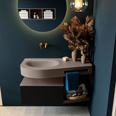 MONDIAZ RIVA 100cm badmeubel onderkast / planchet kleur Urban met 1 lade. Wastafel DULCET links 0 kraangaten kleur Smoke.