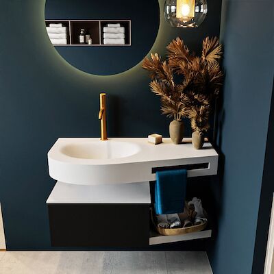 MONDIAZ RIVA 100cm badmeubel onderkast / planchet kleur Urban met 1 lade. Wastafel DULCET links 1 kraangat kleur Talc.