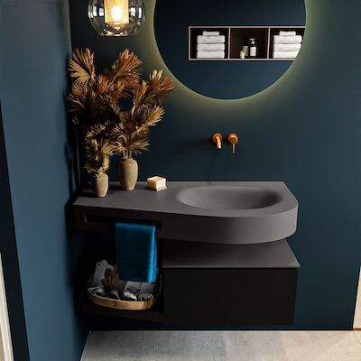 MONDIAZ RIVA 100cm badmeubel onderkast / planchet kleur Urban met 1 lade. Wastafel DULCET rechts 0 kraangaten kleur Dark_Grey.