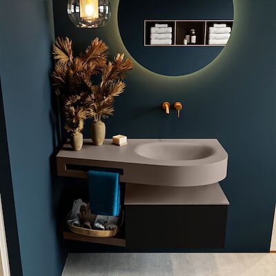 MONDIAZ RIVA 100cm badmeubel onderkast / planchet kleur Urban met 1 lade. Wastafel DULCET rechts 0 kraangaten kleur Smoke.
