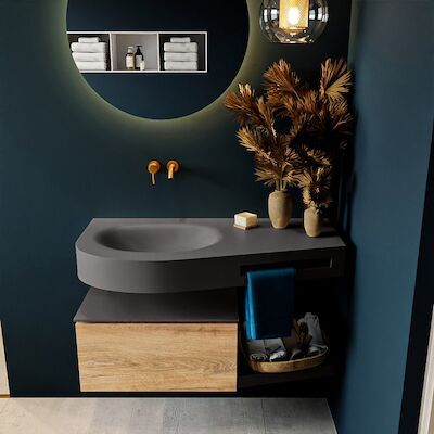 MONDIAZ RIVA 100cm badmeubel onderkast / planchet kleur Washed_Oak met 1 lade. Wastafel DULCET links 0 kraangaten kleur Dark_Grey.