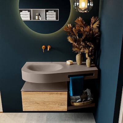 MONDIAZ RIVA 100cm badmeubel onderkast / planchet kleur Washed_Oak met 1 lade. Wastafel DULCET links 0 kraangaten kleur Smoke.