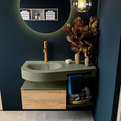 MONDIAZ RIVA 100cm badmeubel onderkast / planchet kleur Washed_Oak met 1 lade. Wastafel DULCET links 1 kraangat kleur Army.
