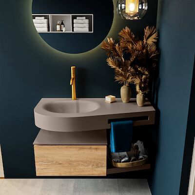MONDIAZ RIVA 100cm badmeubel onderkast / planchet kleur Washed_Oak met 1 lade. Wastafel DULCET links 1 kraangat kleur Smoke.