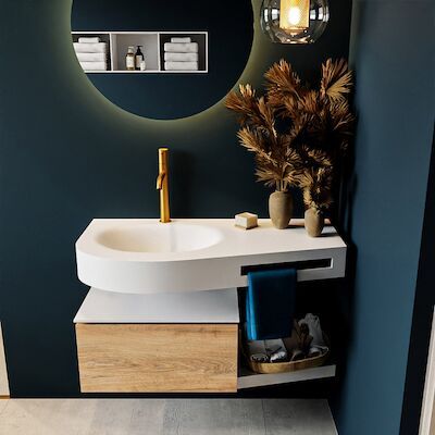 MONDIAZ RIVA 100cm badmeubel onderkast / planchet kleur Washed_Oak met 1 lade. Wastafel DULCET links 1 kraangat kleur Talc.