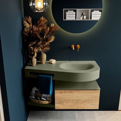 MONDIAZ RIVA 100cm badmeubel onderkast / planchet kleur Washed_Oak met 1 lade. Wastafel DULCET rechts 0 kraangaten kleur Army.