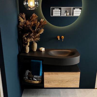MONDIAZ RIVA 100cm badmeubel onderkast / planchet kleur Washed_Oak met 1 lade. Wastafel DULCET rechts 0 kraangaten kleur Urban.