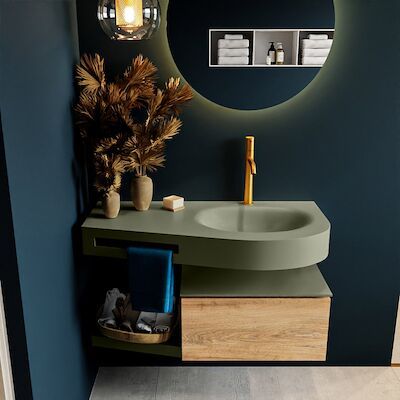 MONDIAZ RIVA 100cm badmeubel onderkast / planchet kleur Washed_Oak met 1 lade. Wastafel DULCET rechts 1 kraangat kleur Army.
