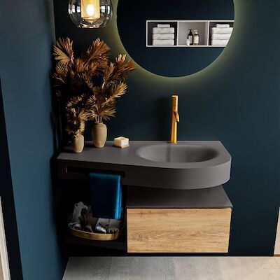 MONDIAZ RIVA 100cm badmeubel onderkast / planchet kleur Washed_Oak met 1 lade. Wastafel DULCET rechts 1 kraangat kleur Dark_Grey.