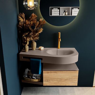 MONDIAZ RIVA 100cm badmeubel onderkast / planchet kleur Washed_Oak met 1 lade. Wastafel DULCET rechts 1 kraangat kleur Smoke.
