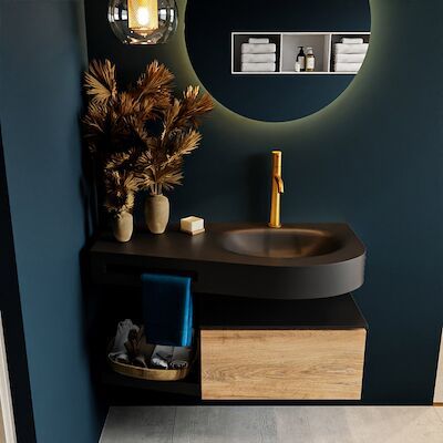 MONDIAZ RIVA 100cm badmeubel onderkast / planchet kleur Washed_Oak met 1 lade. Wastafel DULCET rechts 1 kraangat kleur Urban.