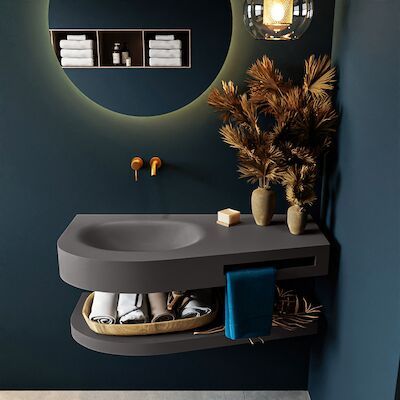 MONDIAZ RIVA 100cm Wastafel met planchet kleur Dark_Grey. Wastafel DULCET links 0 kraangaten kleur Dark_Grey.