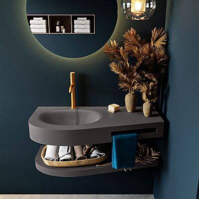 MONDIAZ RIVA 100cm Wastafel met planchet kleur Dark_Grey. Wastafel DULCET links 1 kraangaten kleur Dark_Grey.