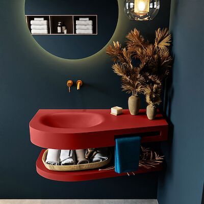 MONDIAZ RIVA 100cm Wastafel met planchet kleur Fire. Wastafel DULCET links 0 kraangaten kleur Fire.