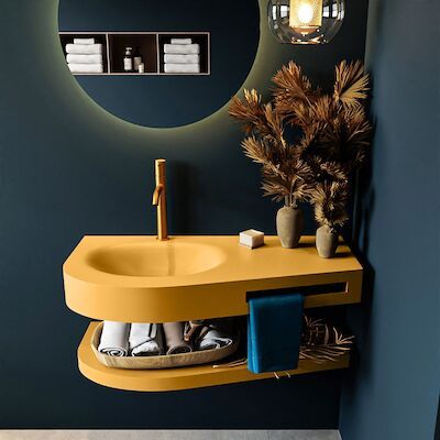 MONDIAZ RIVA 100cm Wastafel met planchet kleur Ocher. Wastafel DULCET links 1 kraangaten kleur Ocher.