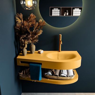 MONDIAZ RIVA 100cm Wastafel met planchet kleur Ocher. Wastafel DULCET rechts 1 kraangaten kleur Ocher.