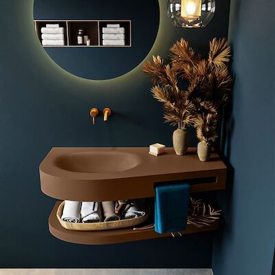 MONDIAZ RIVA 100cm Wastafel met planchet kleur Rust. Wastafel DULCET links 0 kraangaten kleur Rust.