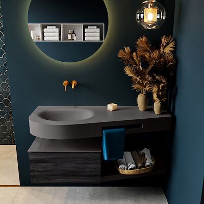 MONDIAZ RIVA 120cm badmeubel onderkast / planchet kleur Antracite met 1 lade. Wastafel DULCET links 0 kraangaten kleur Dark_Grey.