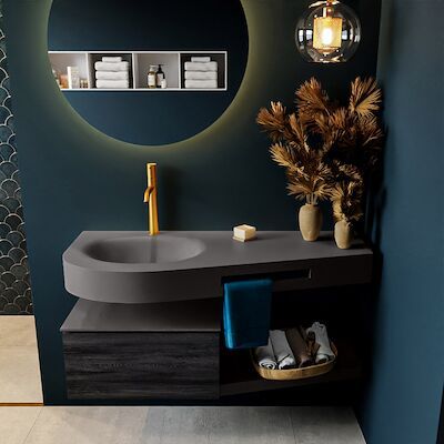 MONDIAZ RIVA 120cm badmeubel onderkast / planchet kleur Antracite met 1 lade. Wastafel DULCET links 1 kraangat kleur Dark_Grey.