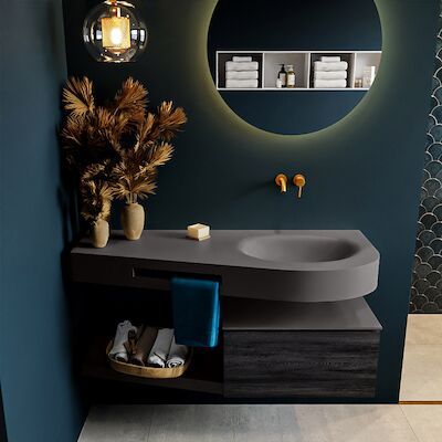 MONDIAZ RIVA 120cm badmeubel onderkast / planchet kleur Antracite met 1 lade. Wastafel DULCET rechts 0 kraangaten kleur Dark_Grey.