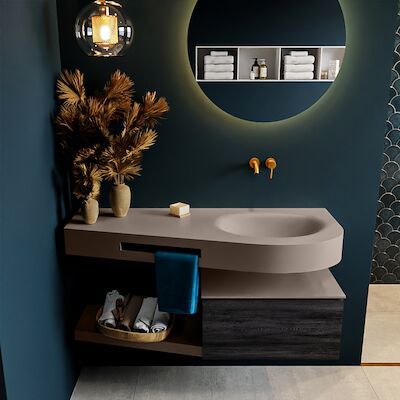 MONDIAZ RIVA 120cm badmeubel onderkast / planchet kleur Antracite met 1 lade. Wastafel DULCET rechts 0 kraangaten kleur Smoke.