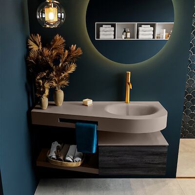 MONDIAZ RIVA 120cm badmeubel onderkast / planchet kleur Antracite met 1 lade. Wastafel DULCET rechts 1 kraangat kleur Smoke.