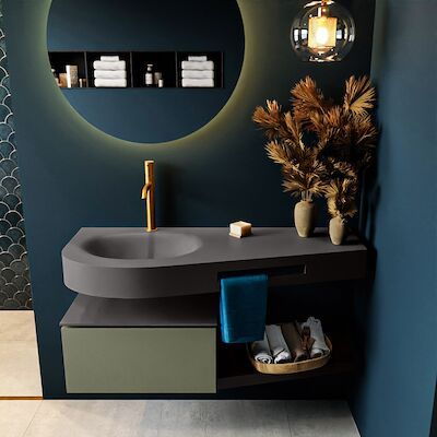 MONDIAZ RIVA 120cm badmeubel onderkast / planchet kleur Army met 1 lade. Wastafel DULCET links 1 kraangat kleur Dark_Grey.
